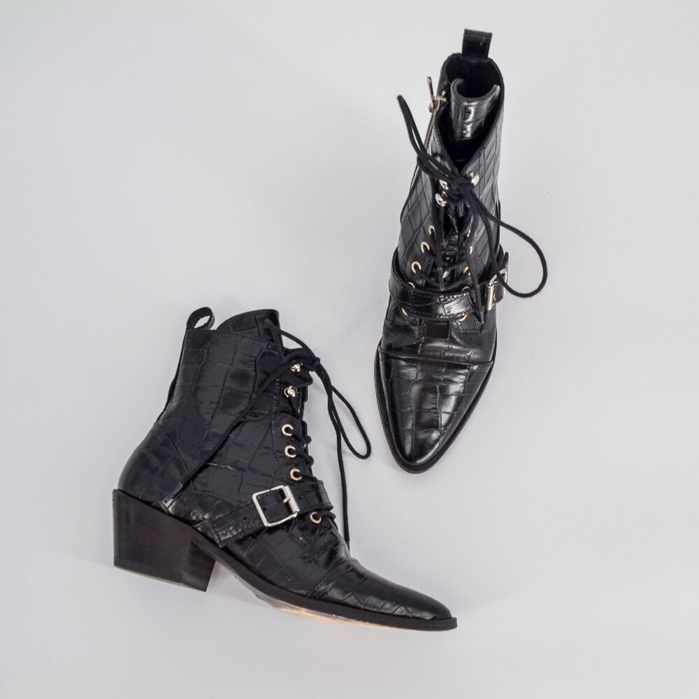 AllSaints Katy Croc Embossed Leather Boots Black 36 5.5 Buckle Zip Pointed Toe